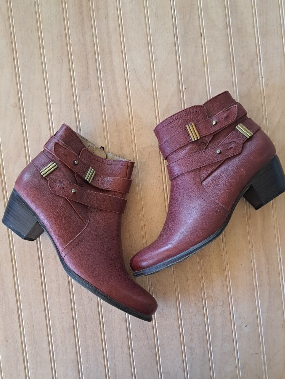Naturalizer Karmic Burgundy Leather Ankle Boots Harness Block Heel Booties